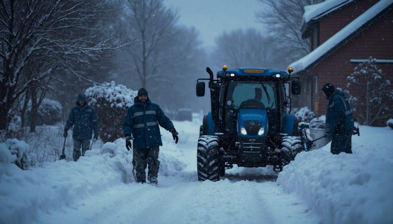 A blurred image of a tractor clearing snow