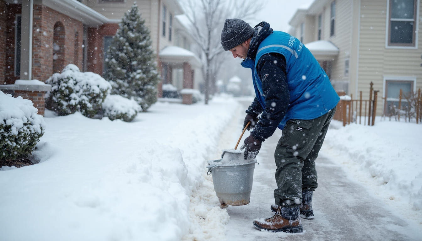 AI generated team member of SnowFlake Outdoors working on de-icing a sidewalk