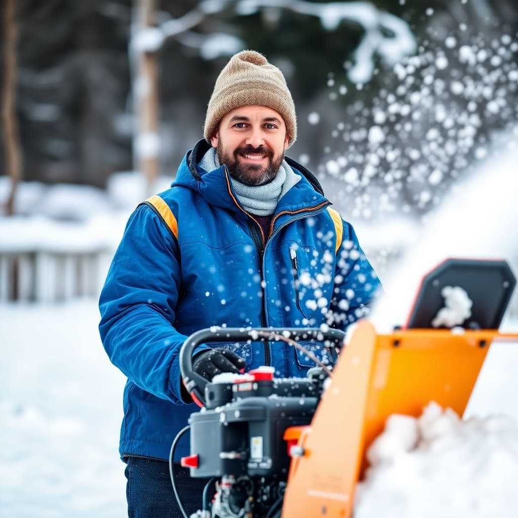 AI Generated image of a SnowFlake Outdoors team member using a snow blower.